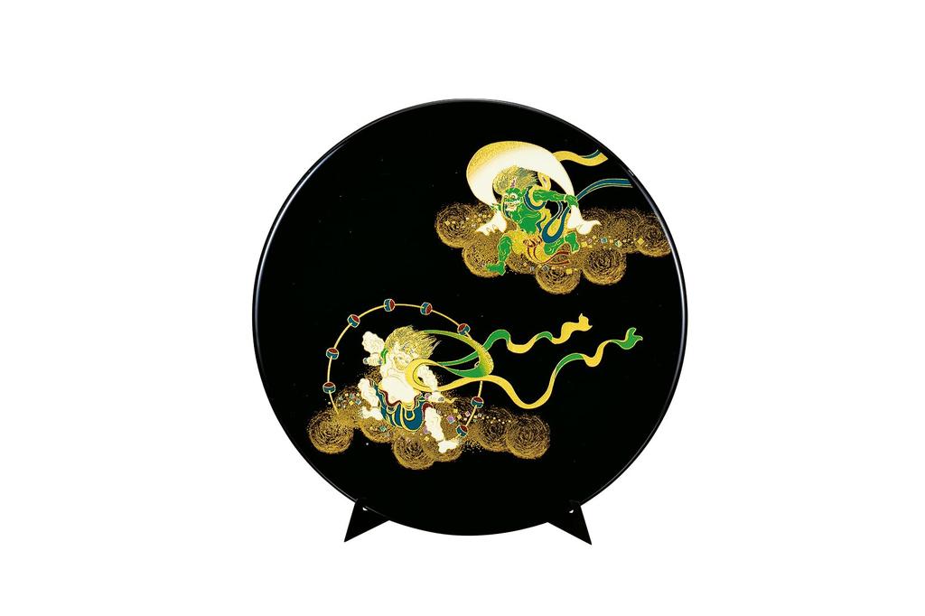 Nakatani Brothers "Yamanaka Lacquerware" Lacquerware Freestanding Tray (with Stand) Black, Wind God and Thunder God Designs, 37-4210