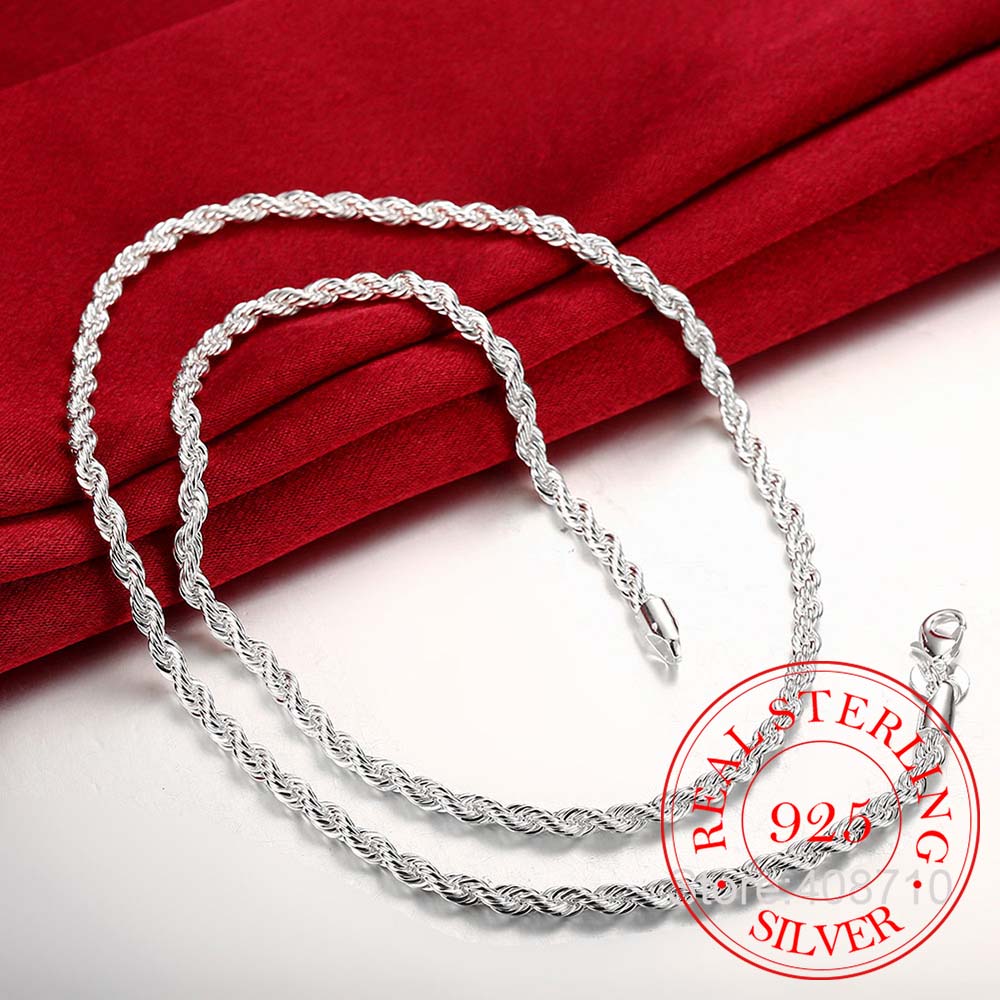 4mm Twisted Chain 925 Sterling Silver Necklace Pendant for Women Men Vintage Jewelry Hot Sale