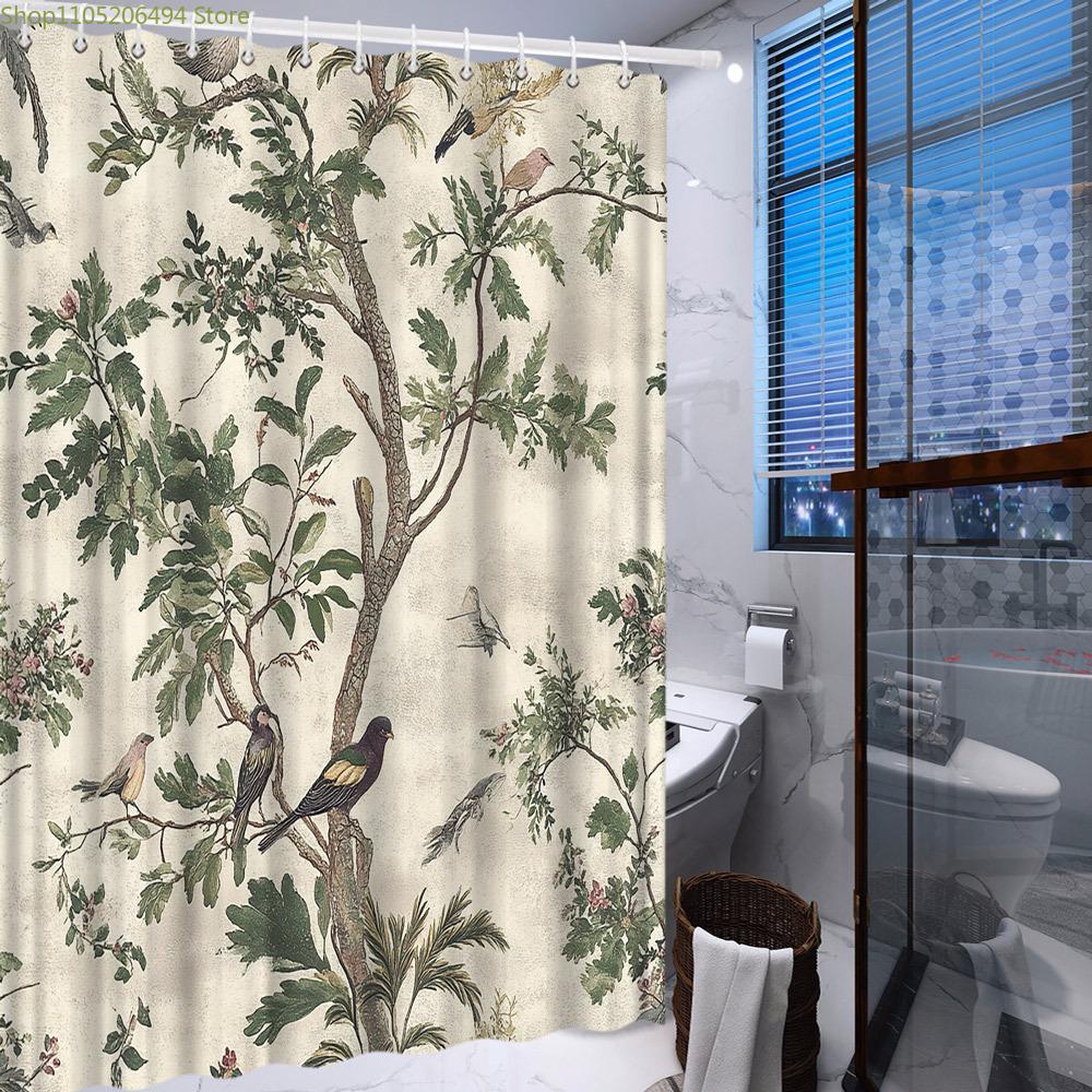 Vintage Botanical & Bird Shower Curtain - Hand-Drawn Style with Lush Green Foliage, Pink Flowers & Birds, Antique Design for B