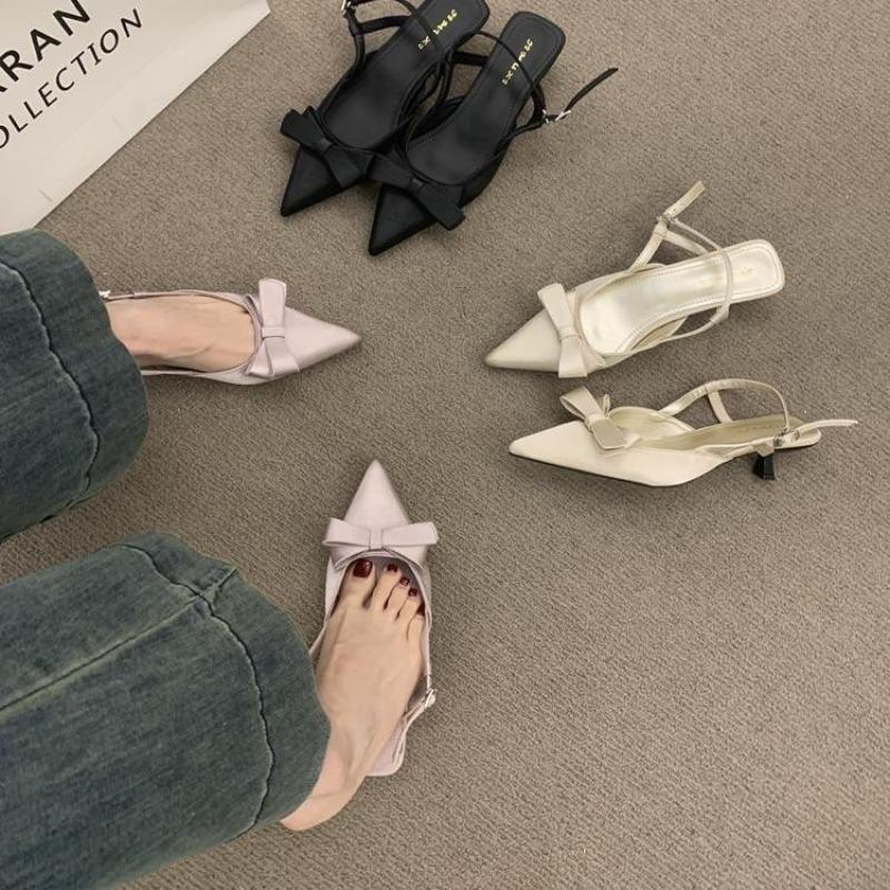 Hot Selling Women's High Heel Sandals 2025 Pointed Toe Slip-On Butterfly Knot Thin Strap Buckle Leather Fashionable Outdoor Wear