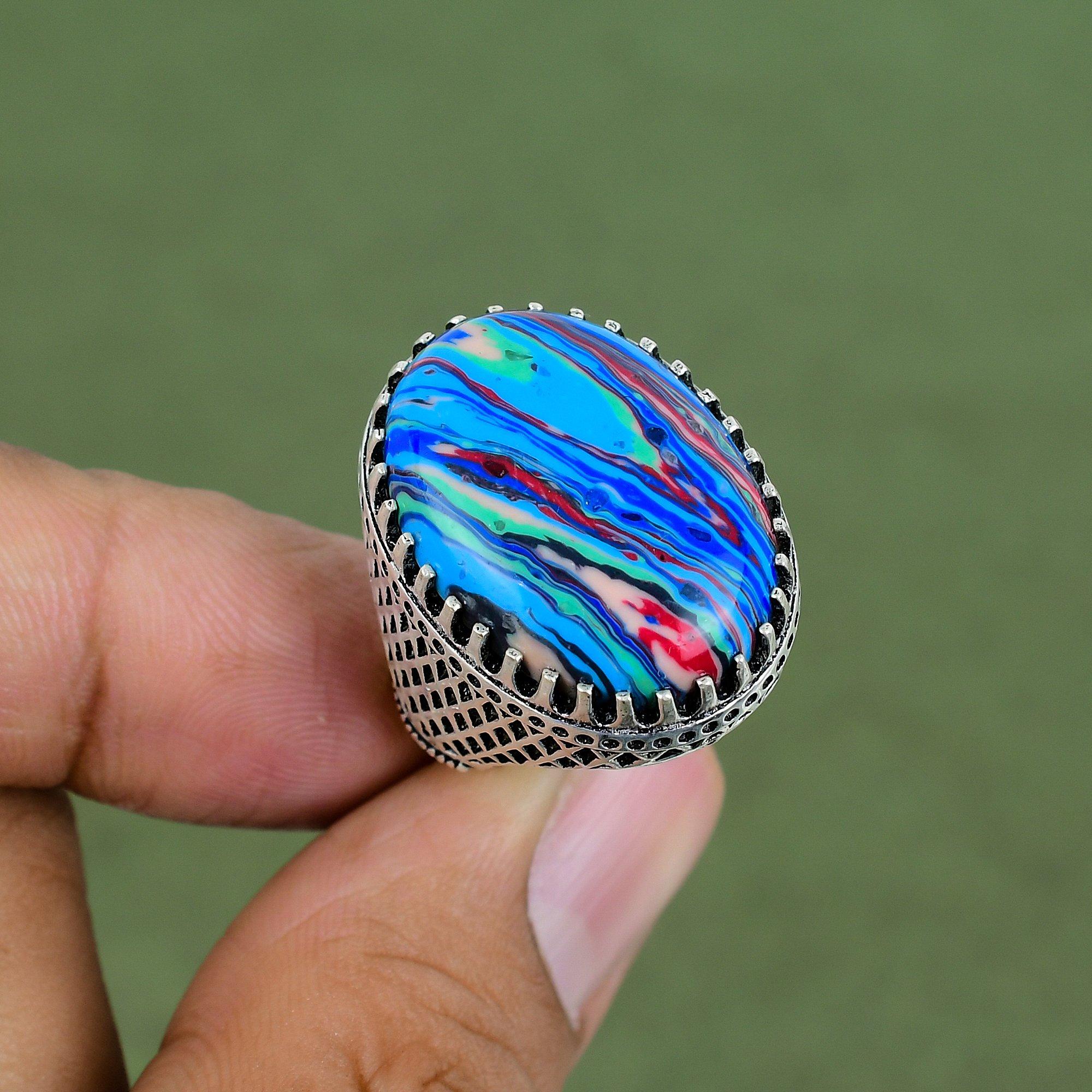 

Rainbow Calsilica Ring 925 Sterling Silver Ring Designer Ring Genuine Gemstone Jewelry Handmade Ring Engagement Gifts Available In Ring Size 6 US