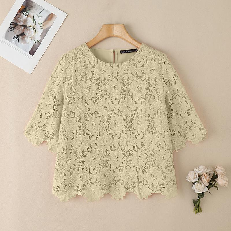 ZANZEA Women Casual Hollow Lace Crochet Patchwork Summer Half Sleeve Blouse