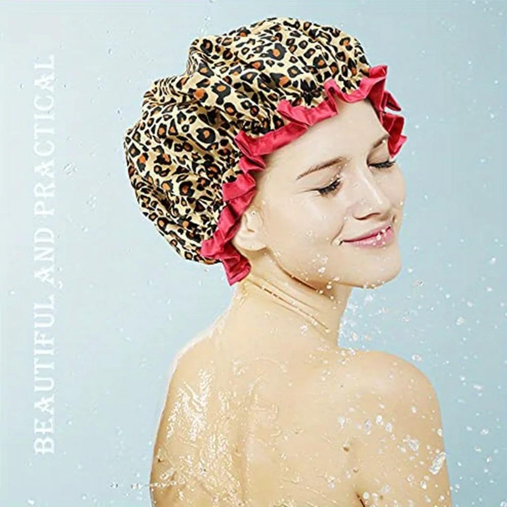 Double Layer Waterproof Shower Cap – Leopard Print Reusable Hair Cover for Women Girls Spa Use