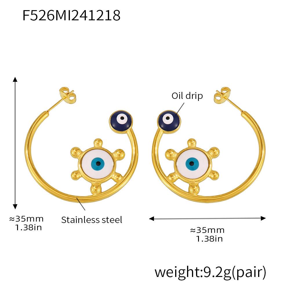 Qiong Yao 18K Gold-Plated Stainless Steel Enamel Glaze Sun Eye C-Shaped Round Earrings - Fashionable for Runway