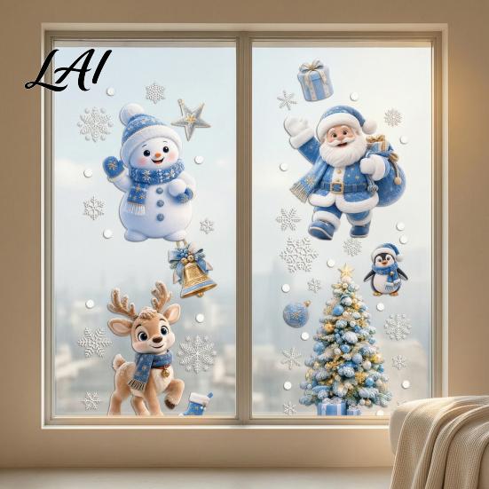 Winter Wonderland Wall Decals 4Pcs Christmas Static Window Clings Blue Santa Snowman Reindeer Penguin Clings Stickers Reusable Double Sided