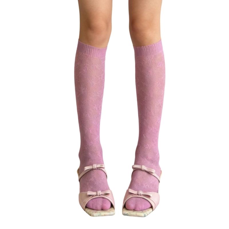 Lace Hollowed out Calf Socks for Womens Fishnet Knee Highs Stockings Summer Stockings Sheer Nylon Stockings персиковый