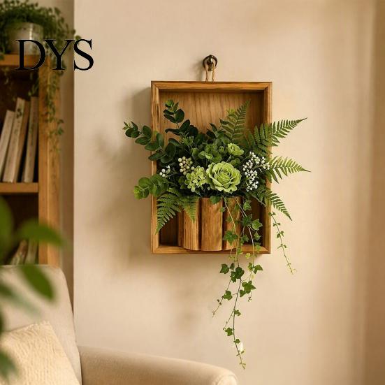 Decorative Wall Concealment Panel Rustic Wood Hanging Planter, Artificial Flower Greenery Storage Frame Mounted Vase for Living Room Entryway,
