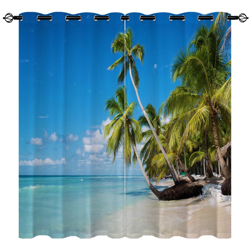 High-Density Blackout Curtains, Beach Curtains, Coconut Tree Seaside Series 6 Digital Printing Blackout Curtains