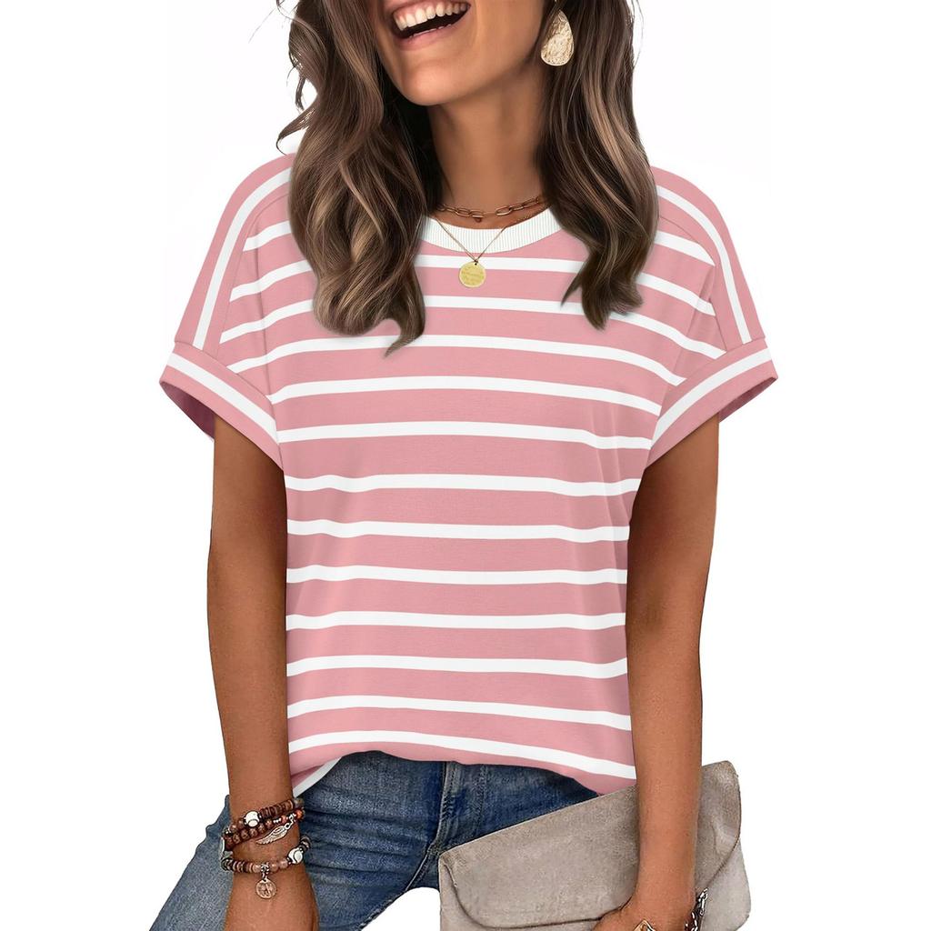 Women's Casual Short Sleeve Striped T Shirt Crew Neck Loose Fit Lightweight Summer Top for Everyday Wear