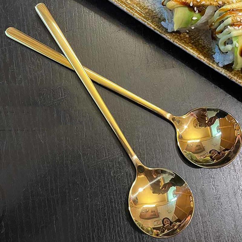 Stainless Steel Big Head Round Spoon Net Red Golden Dinner Long Handle Stirring Dessert Spoons For Kitchen Accessories Gadgets