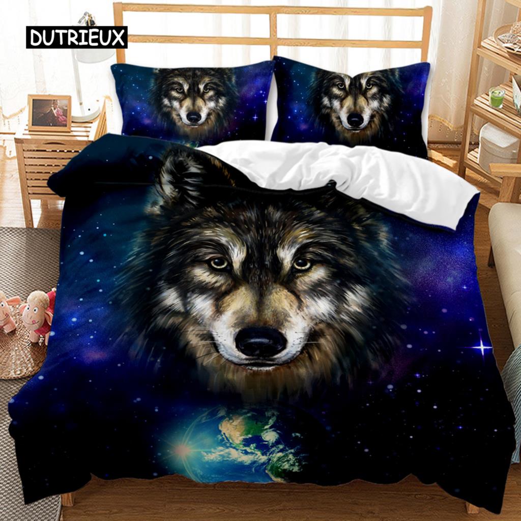 Wolf Bettbezug Set Tiermuster Bettwäsche Set Cooles Wildleben Bettdeckenbezug Kinder Glitzer Blau Wilder Wolf Polyester Quiltbezug