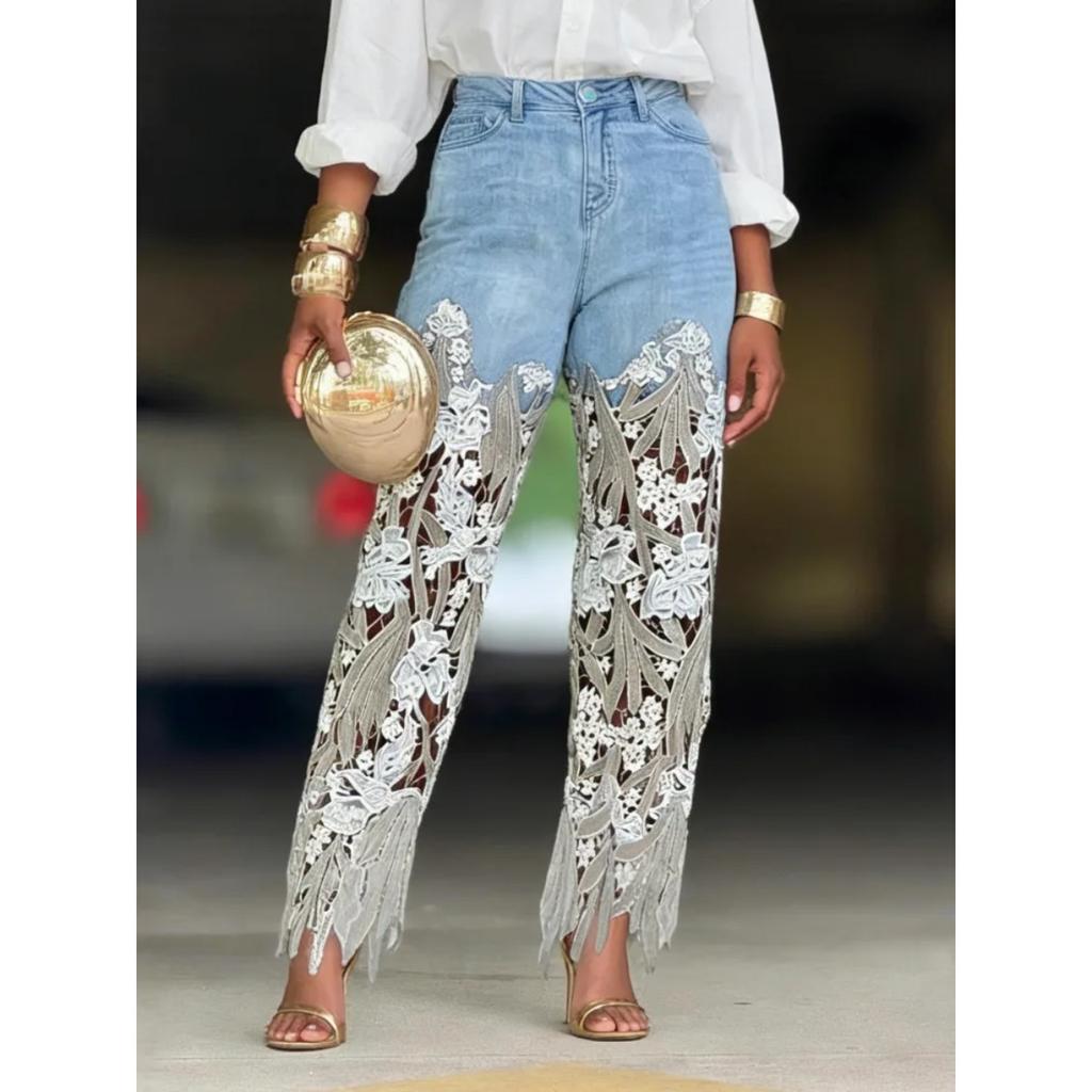 VIONA European and American Style Loose Hollow Splicing Irregular Lace Straight Leg Jeans for Women