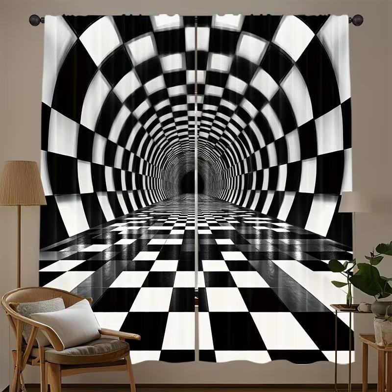 2Pcs Black and White Square Print Curtains,suitable for Bedroom,living Room Kitchen Decoration,home Decoration,window Decoration
