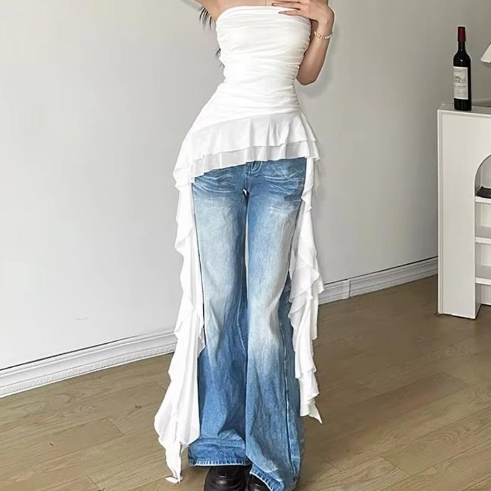 Sweet Irregular Ruffled Vest Spring Summer Cropped Tube Top Fashion Women's Vest Top Beach