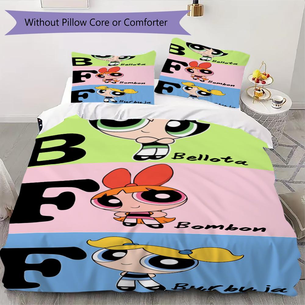 

1PC The Powerpuff Girls Bedding Quilt Set Quilt Cover Pillowcase Home Decoration Birthday Gift (1 * duvet cover + 2 * pillowcase, without core)A2 135x200cm