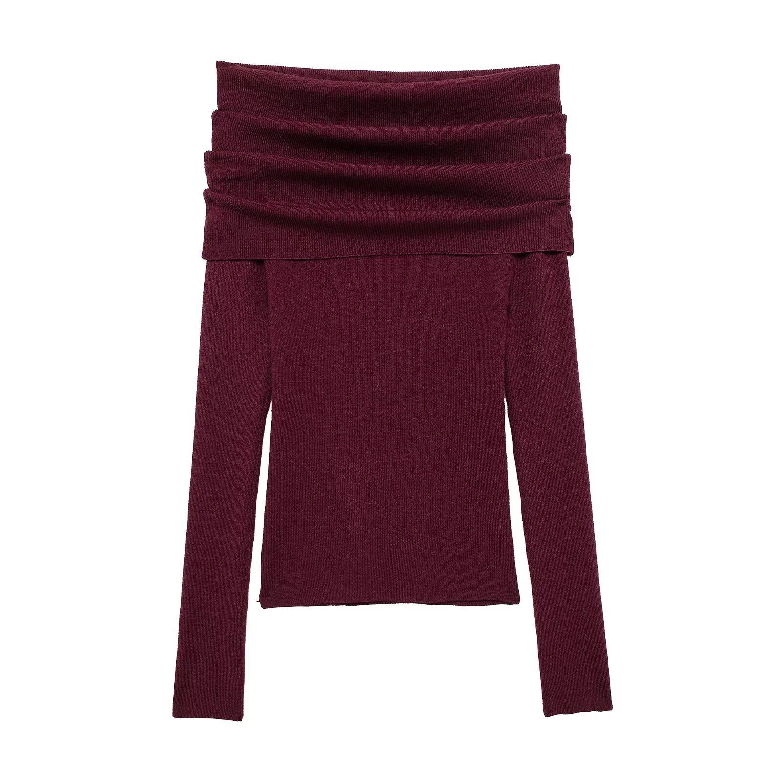 

Весенний пуловер с открытыми плечами, вязаный трикотажем, 2025: Женский облегающий, универсальный, модный топ с длинным рукавом Large бордовый