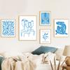 Toile d'art mural avec ligne Matisse Picasso bleue, feuilles de fleurs, peinture, affiches et imprimés nordiques, images murales pour décor de salon