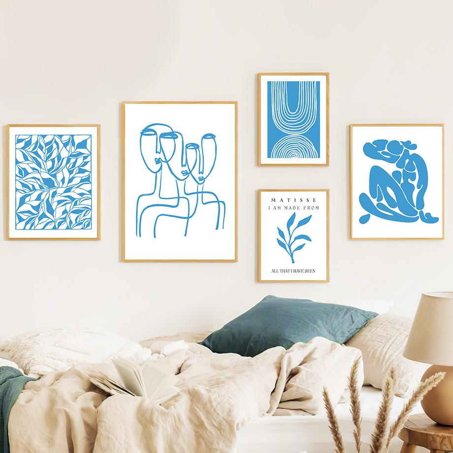 Toile d'art mural avec ligne Matisse Picasso bleue, feuilles de fleurs, peinture, affiches et imprimés nordiques, images murales pour décor de salon