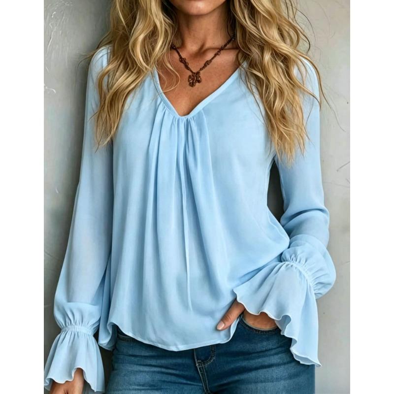 Women S V Neck Loose Fit Solid Color Long Sleeve Shirt
