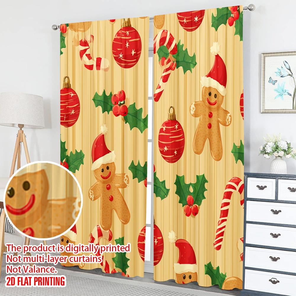 2pcs 2D flat printing Classic Christmas Curtains Christmas Holly Candy Ball Digital Printed Polyester Drapes Family Party Use