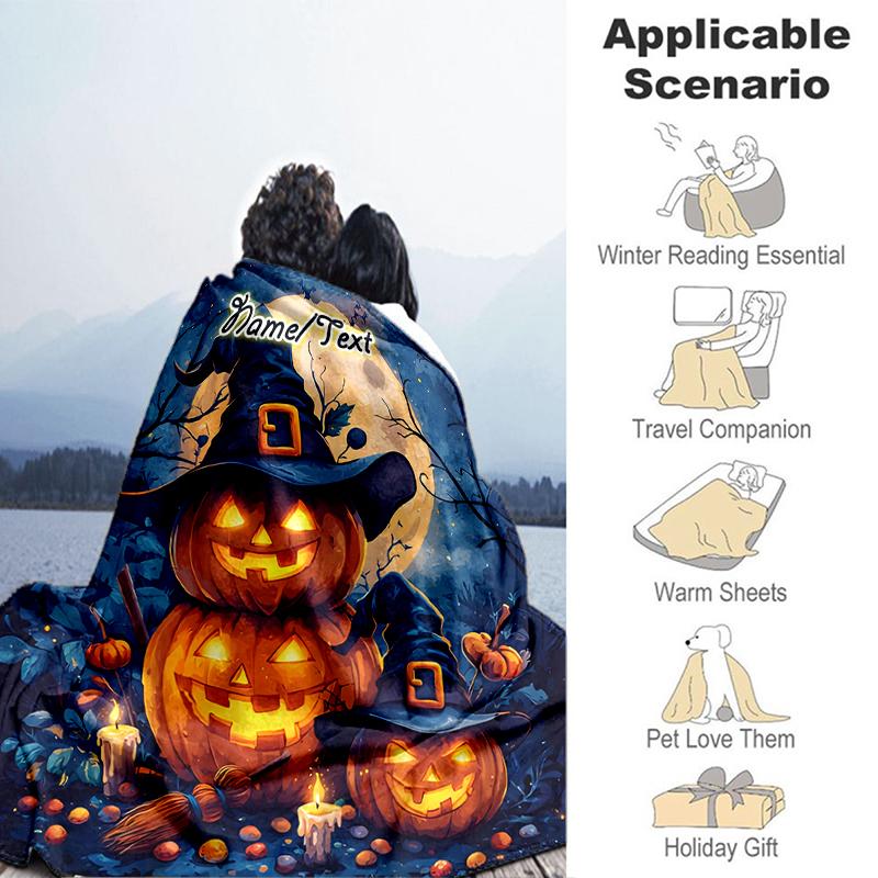 1PC Custom Name Halloween Night Jack-o'-Lanterns Outdooor Flannel Blankets Throw Blanket All-Season Throw Gift Bedspread for Couch, Bed, Camping Holid
