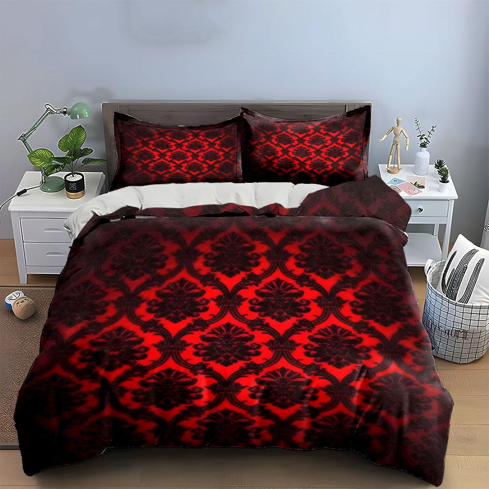 Elegant Red Damask Three-Piece Set Kid'S And Adults' Bedroom Decor, Exquisite Three-Piece Bedding Set Gift