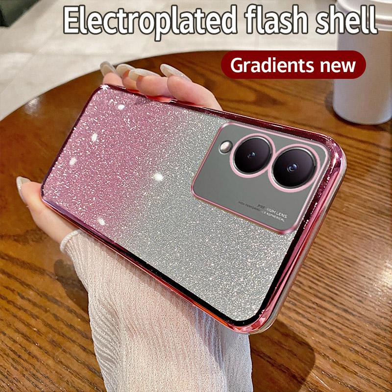 For Vivo Y17S 4G Case Vivo Y28 5G Phone Case Shiny Glitter Plating Silicone Camera Lens Soft Back Cover