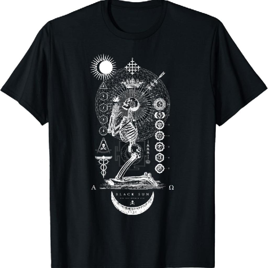 BLACK SUN Praying Skeleton - Occult Sacred Geometry T-Shirt