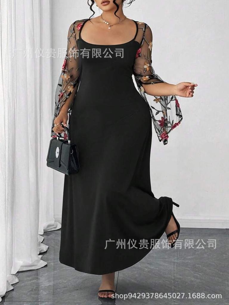 European Plus Size Elegant Mesh Print Summer Square Neck Holiday Maxi Dress