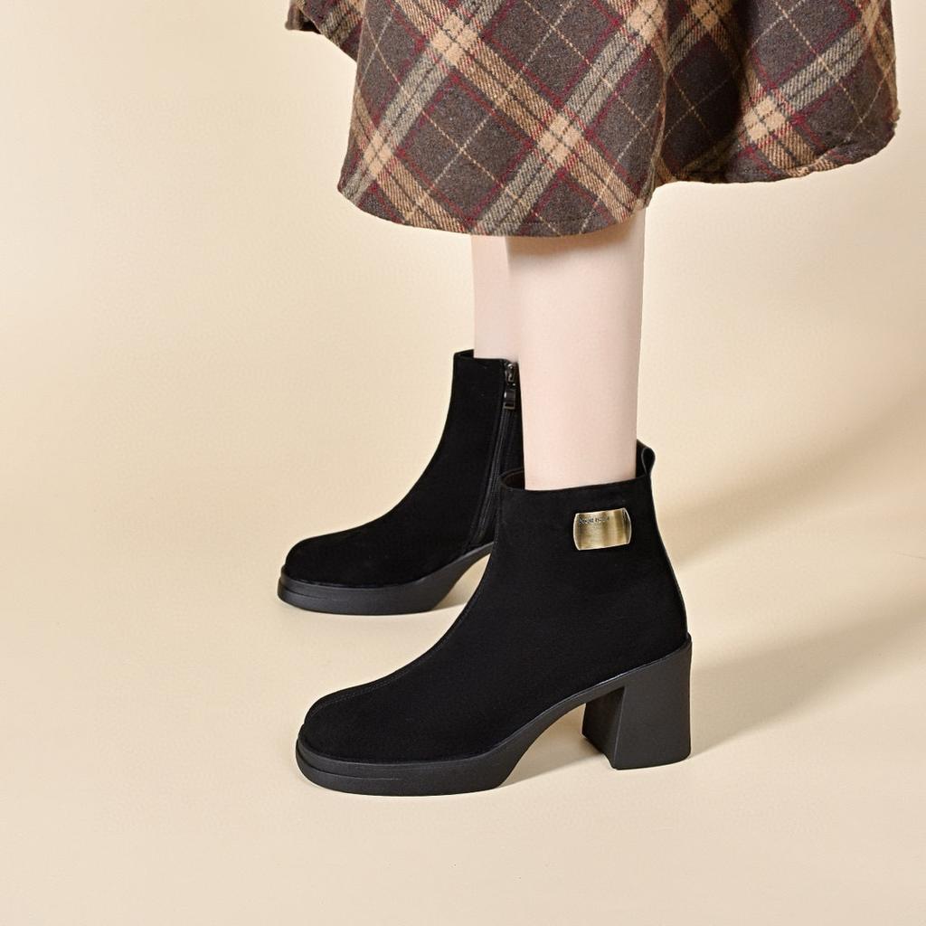 Thick-soled thin boots women's autumn and winter square head fashion short boots waterproof platform thick heel straight boots fashion boots