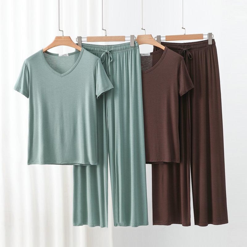 Modal Homewear 2pcs Pajamas Set Short Sleeve Tops and Trousers Solid Color Casual Loose Sleepwear Suit Plus Size Nightwear