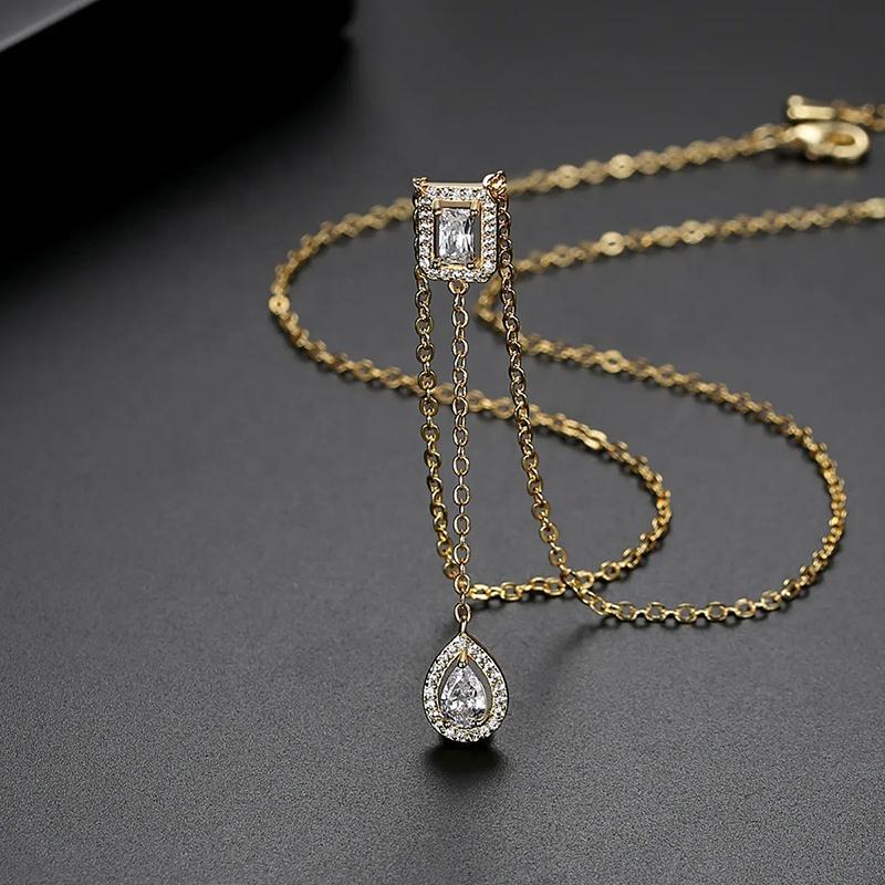 Luxury Ladies Elegant Droplet Pendant Necklace Fashion Girl Shining Rectangle Cubic Zircon Charm Chain Necklaces Wedding Jewelry
