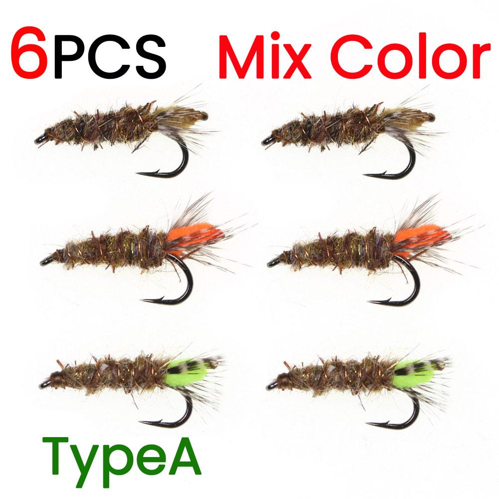 6 Stück #12 Widerhaken Hasenohr & Hirschhaar Dubbing Köcherfliegenlarve Nymphenfliegen mit 3,2mm Messingkopf Forelle Barsch Steelhead Angelköder