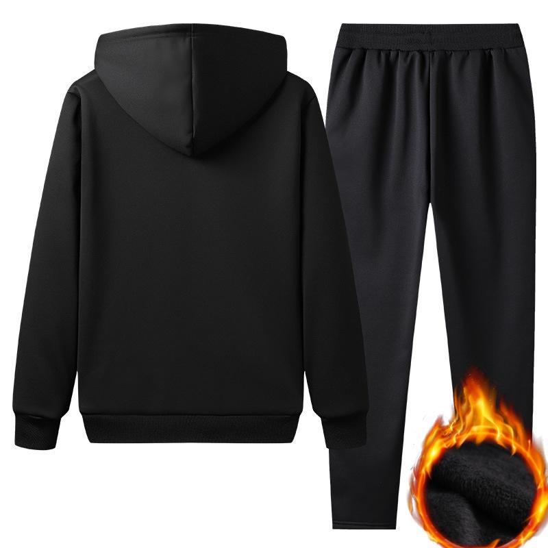 Fashion Warm Trousers Suit Lamb Velvet Men's Suit Thickened Solid Color Long-sleeved Hooded Casual