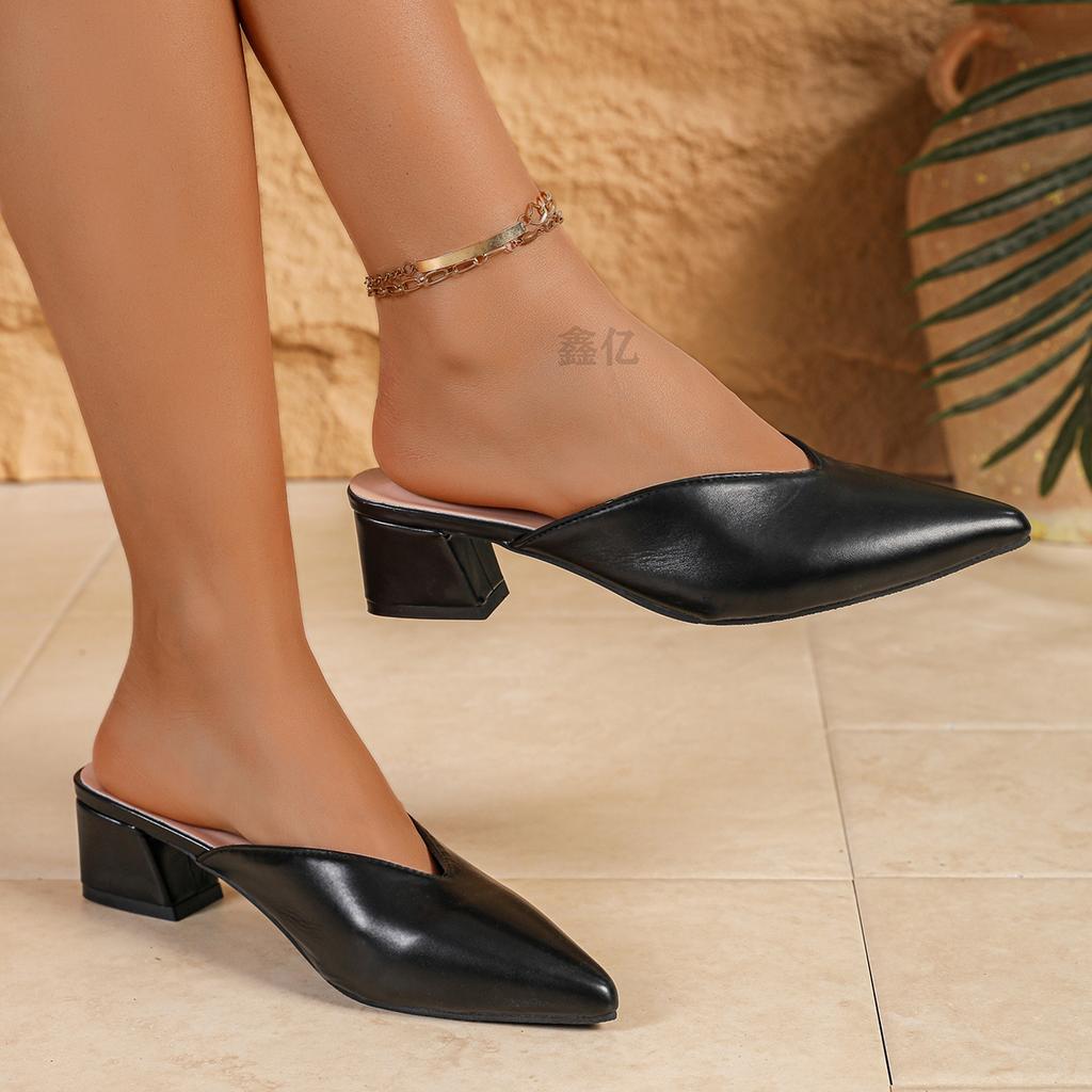 Fashion Women High Heels Slippers  Baotou Women Shoes Sexy Pointed Toe Chunky Heels Mules Outdoor Walking Slides Chaussure Femme 2025