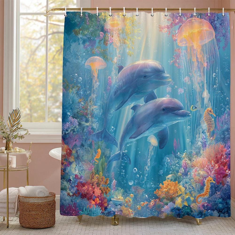 Underwater World Ocean Dolphin Jellyfish Shower Curtain, Bathroom Decorative Shower Curtain, Waterproof Shower Curtain with Hook
