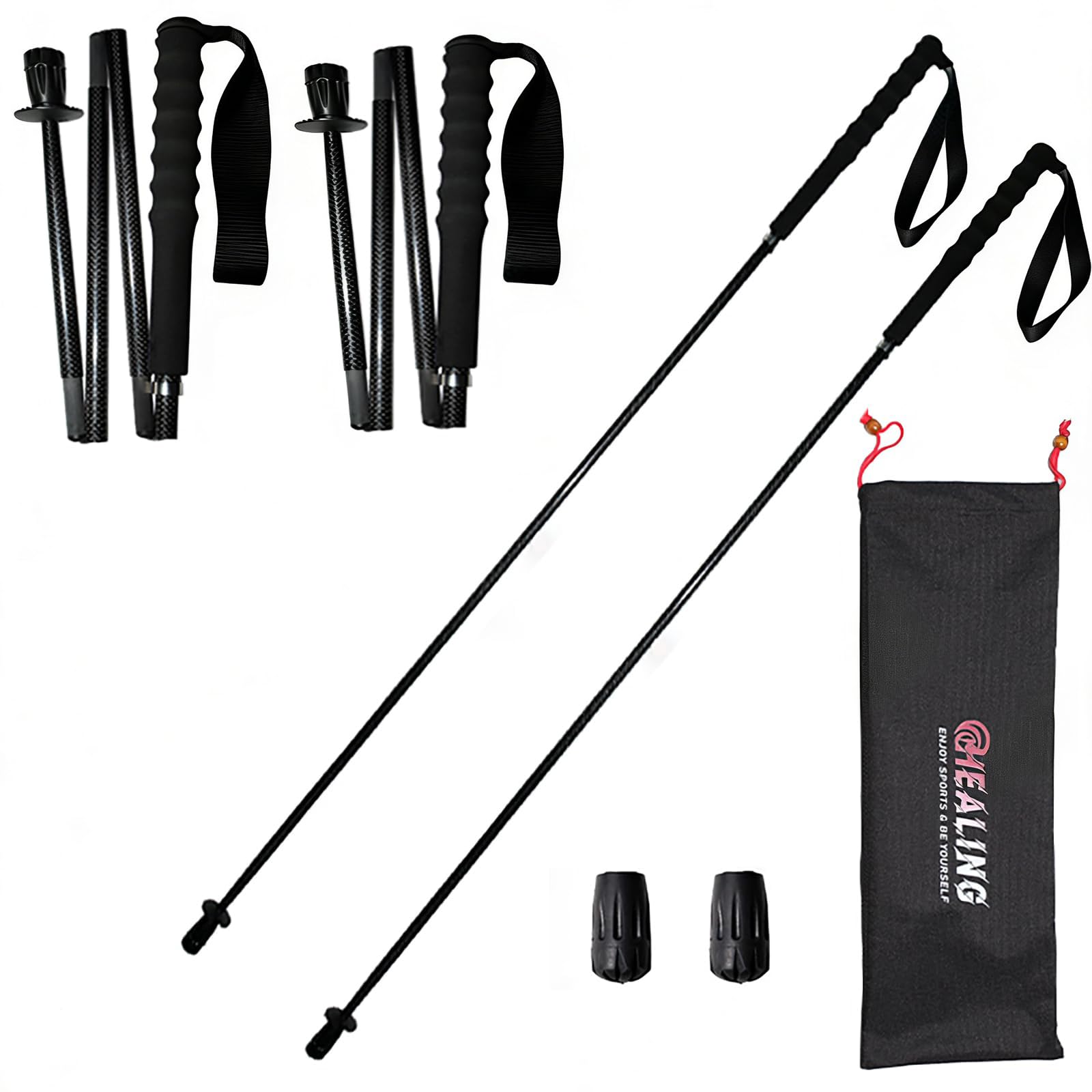 

KHEALING Carbon Folding Trekking Poles [Ultra-lightweight 115g/125g/130g] Carbon Fiber Hiking Poles, 5 Sections, Set of 2, 110/120/130 cm, Non-slip, C