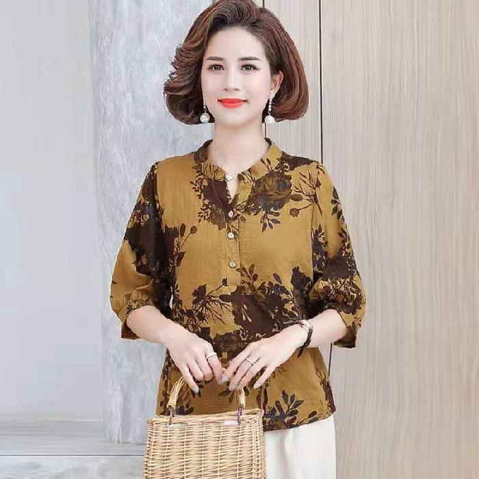 

2025 Летнее платье Футболка в иностранном стиле Модная женская хлопковая блузка с пятью рукавами для женщин среднего возраста XL жёлтый