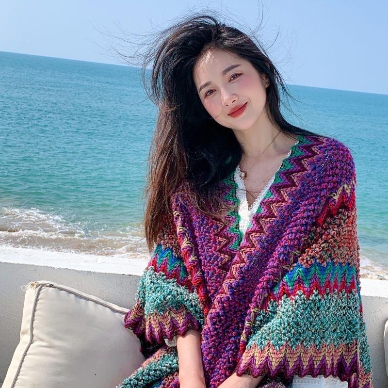 Yunnan Lijiang travel outside with knitted shawl retro cape cape fringed scarf holiday wear