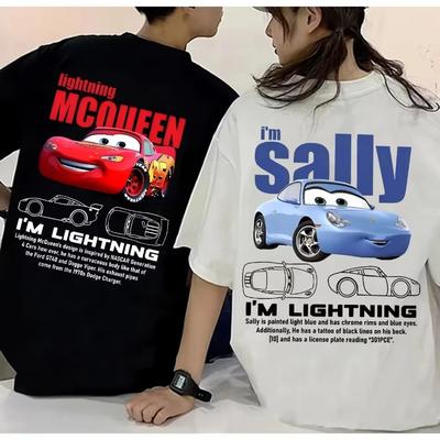 Nuevas Camisetas de Pareja con Estampado de Rayo McQueen y Sally McQueen y Sally Algodón Puro Manga Corta para Hombre y Mujer