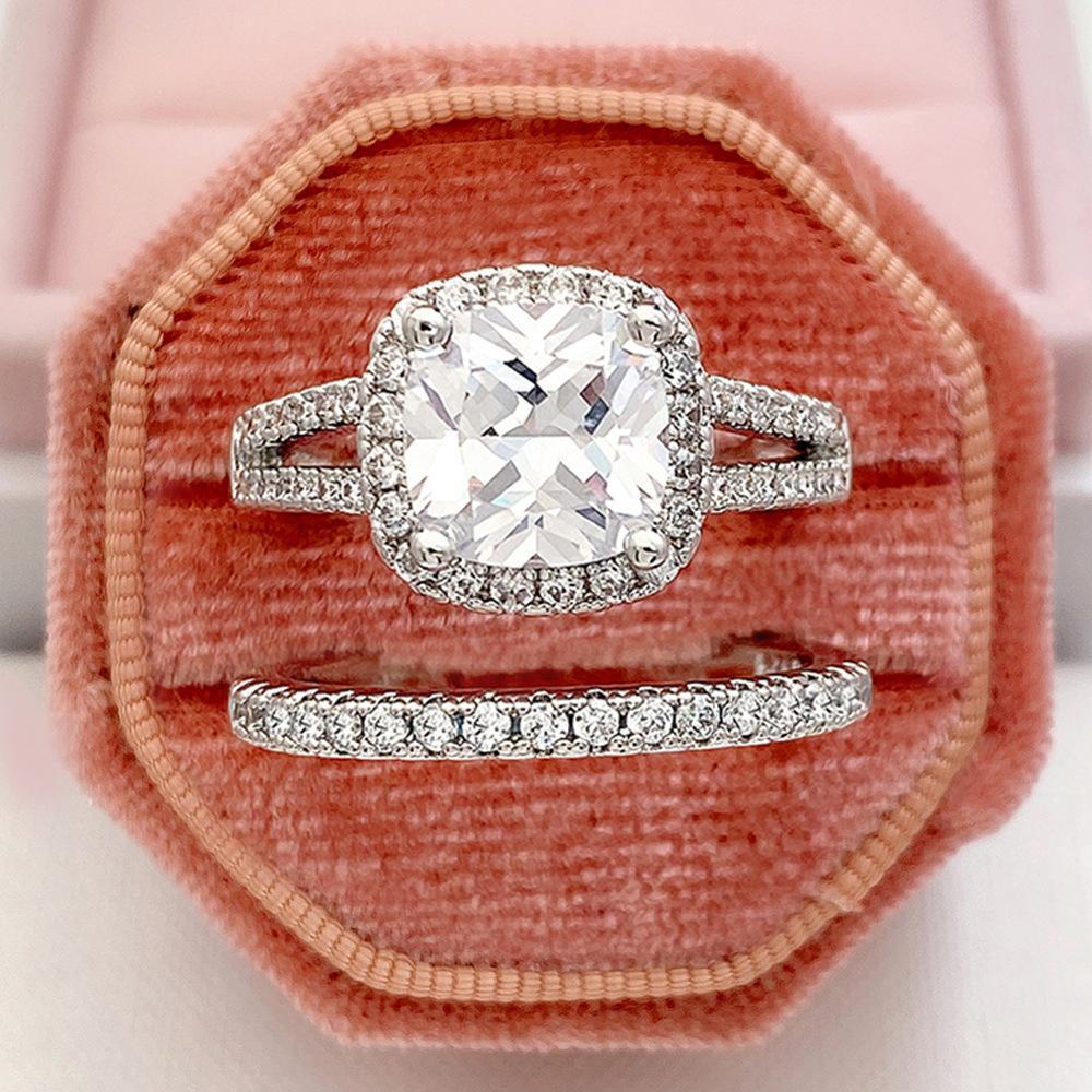 Micro-Inlaid Diamond Zircon Set Ring, Light Luxury Square Diamond Women'S Engagement Couple Ring