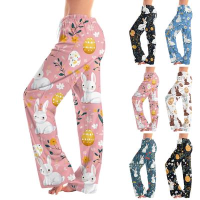 Calças retas casuais estampadas de ovo de Páscoa femininas Calças casuais para casa