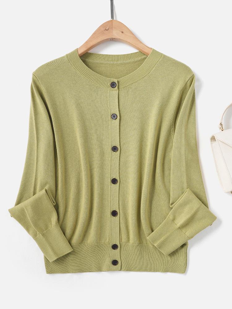 2025 Podzim Dámský Minimalistický Jednobarevný Pletený Kardigan - Ležérní Kulatý Výstřih Dlouhý Rukáv Kašmírový Svetr