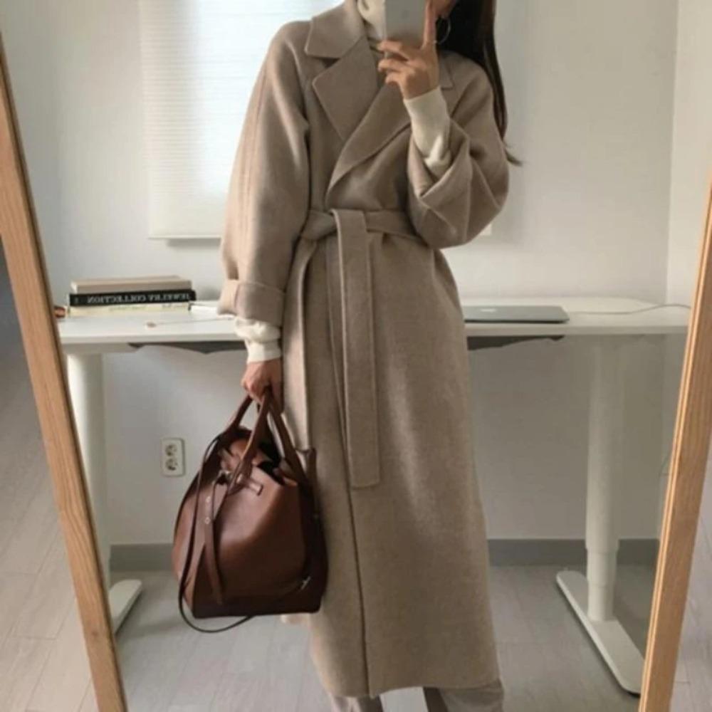 Autumn Winter Women Basic Lapel Solid Belt Woolen Coat Female Casual Commut Outwear Loose Midi Length Jacket Overcoat