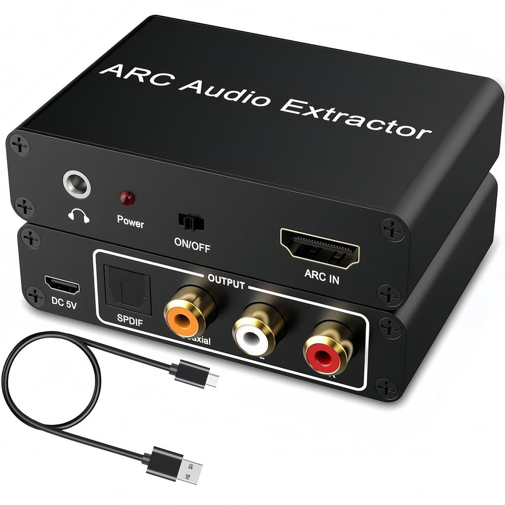 Audio Extractor Converter, 192KHz ARC Audio Extractor Output Optical SPDIF/Coaxial/RCA and 3.5mm Jack Stereo Adapter for HDTV Link To Soundbar