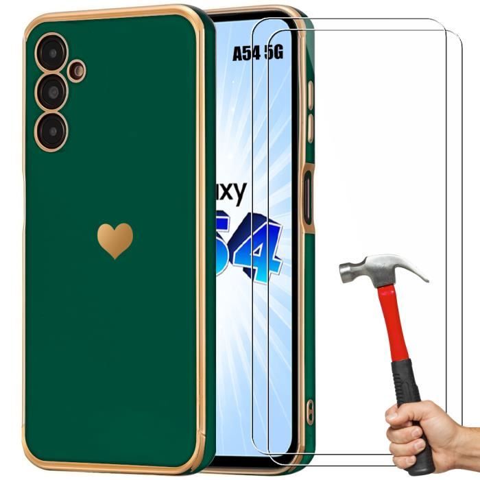 Coque - BOOLING - pour Samsung Galaxy A54 5G - Silicone TPU - Vert Nuit - Motif Cœur - Résistant aux Rayures