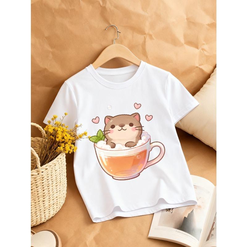 European sizes Cute Cat in a Cup Print Girls' Crew Neck T-Shirt | Casual and Relaxing, Ideal for Spring/Summer, Knit Fabric with Slight Stretch