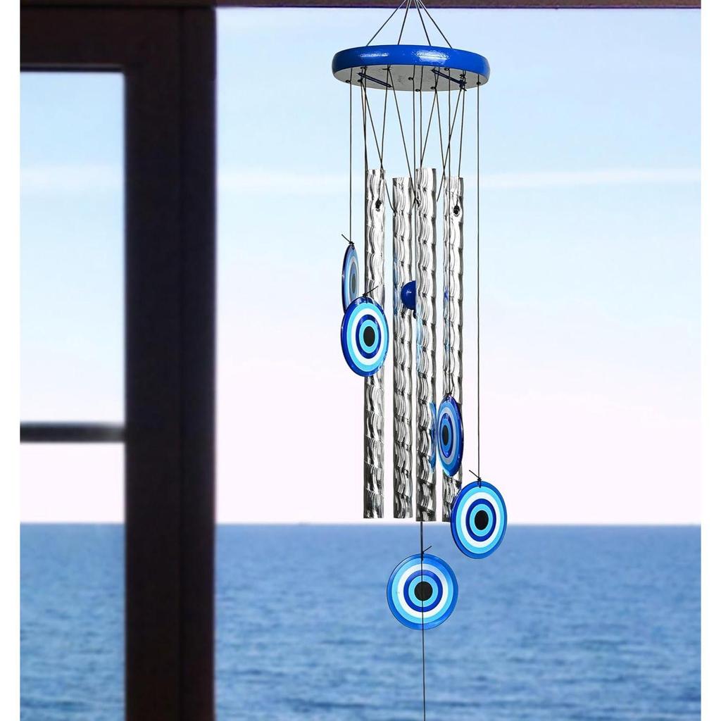 Evil Eye Wind Chimes for Home and Garden – Hanging Decoration Items Housewarming Gifts Room Décor for Living Room and Bedroom, 4 Silver Pipe