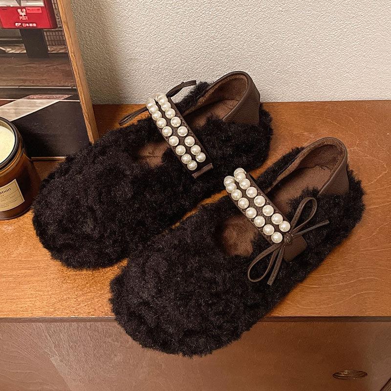 Black one-pedal fluffy shoes women's winter velvet outer wear Internet celebrity explosion Doudou shoes 2025 new fashion cotton shoes