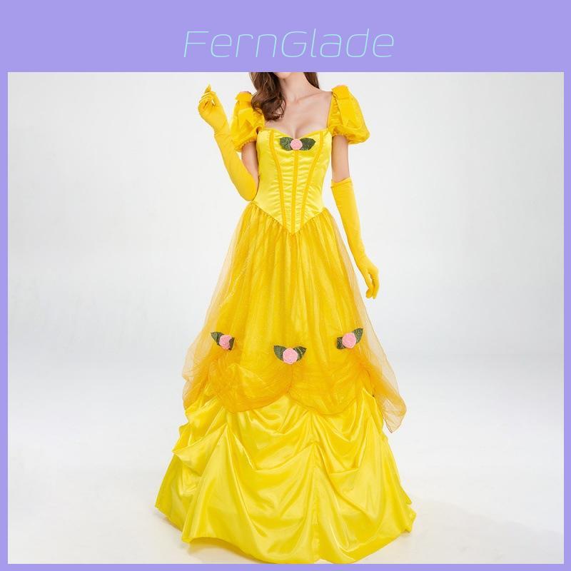 Elegant Yellow Princess Dress For Halloween Costume Featuring Belle Fairy Tale Design